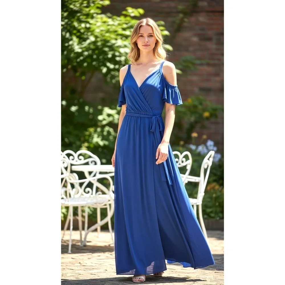Royal Blue Maxi Dress XXL Faux Wrap Cold shoulder Belt  Halter Lined Flowy NWT